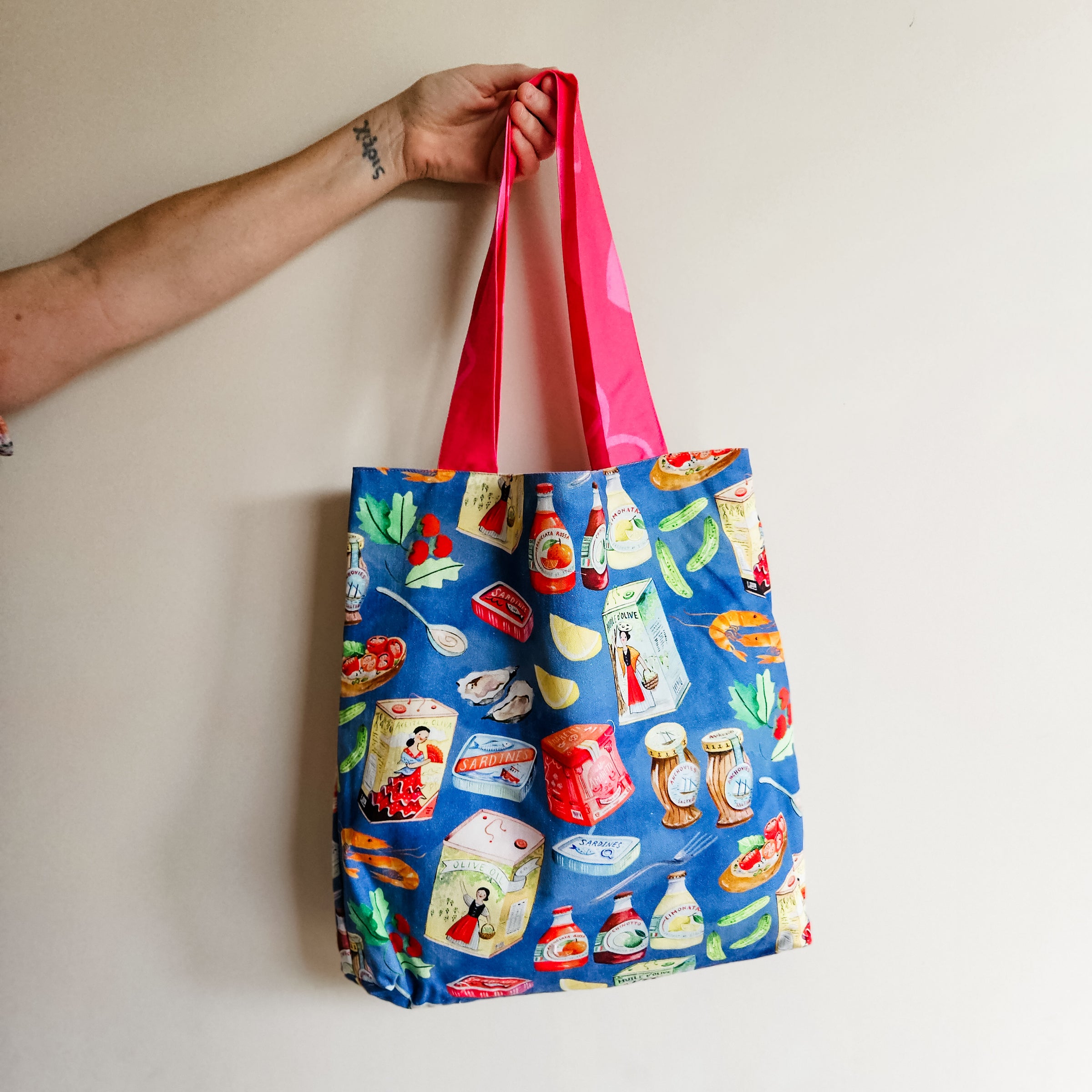 Mediterranean tote bag- pink handles